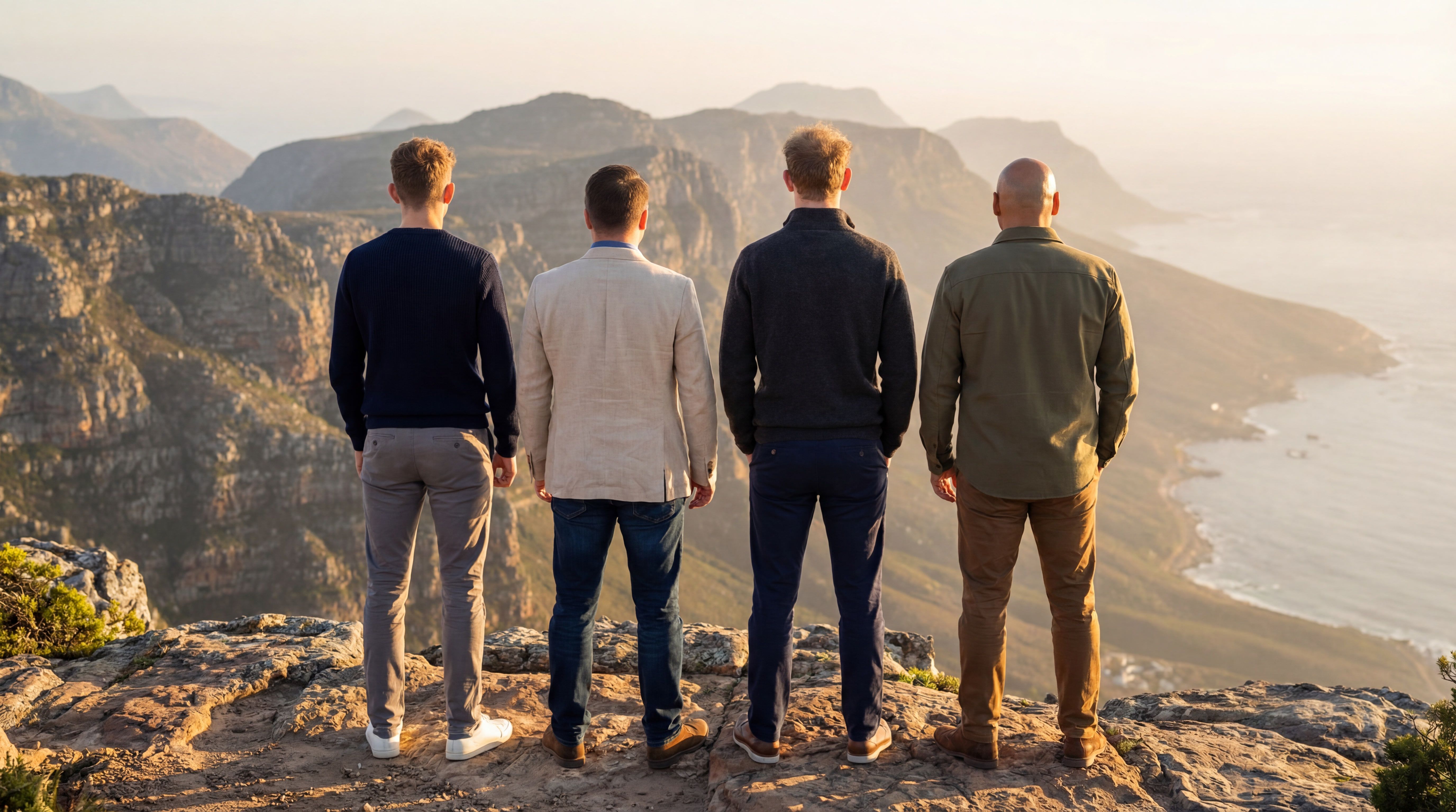 The four founders of CONLUD seen from behind on a rock plateau, looking out over coast and mountains